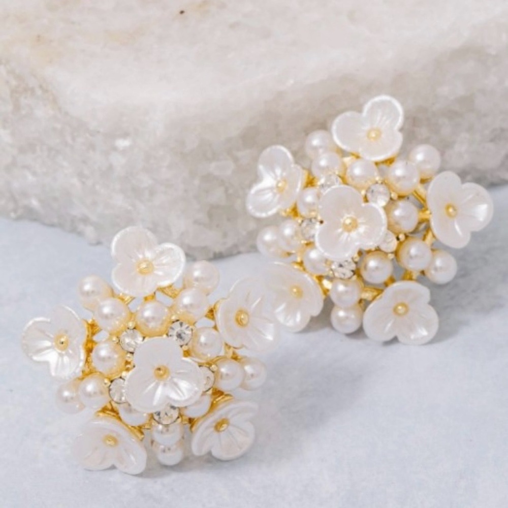 Elegant White Pearl & Flower Cluster Earrings - Gold Accents